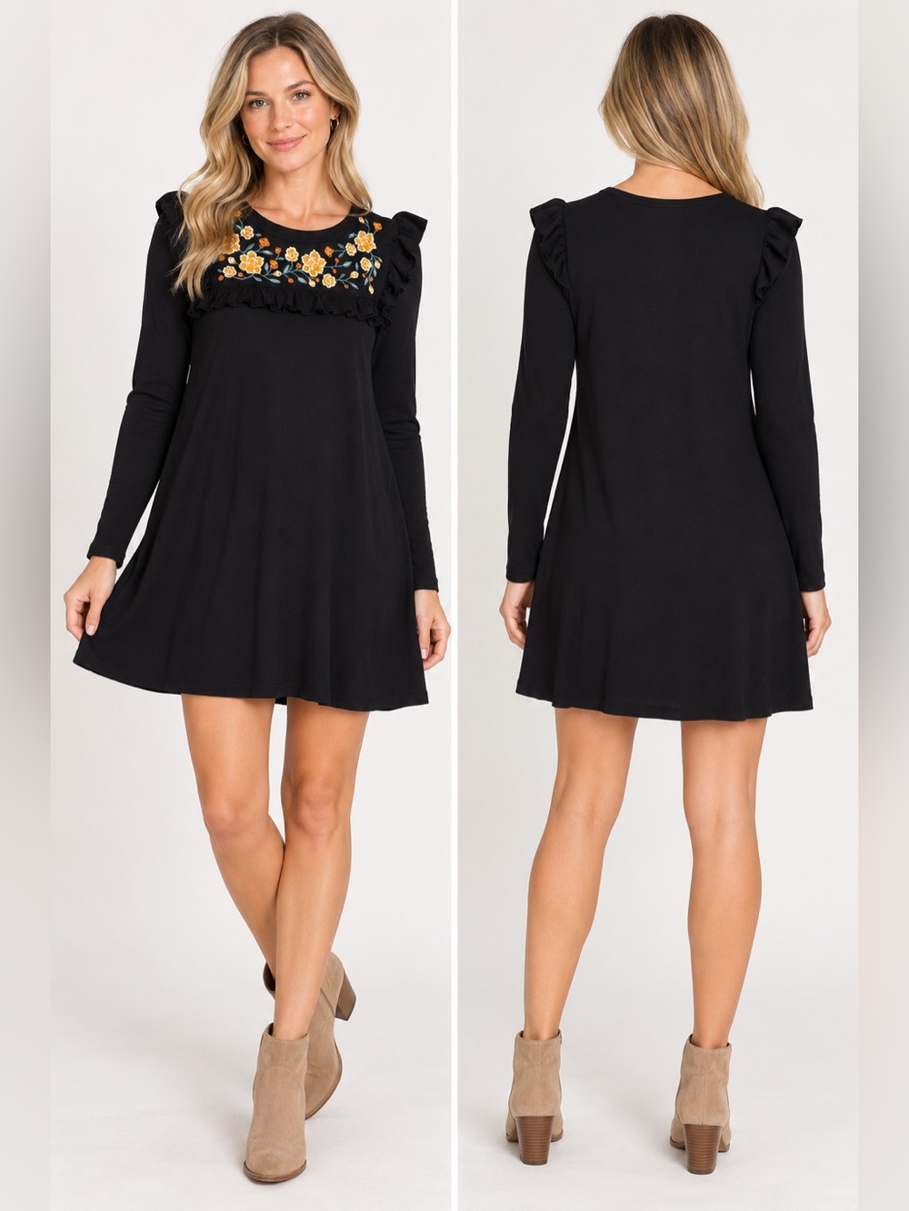 Cupio Womens M Black Floral Embroidered Ruffle Long Sleeve Swing Dress Boho